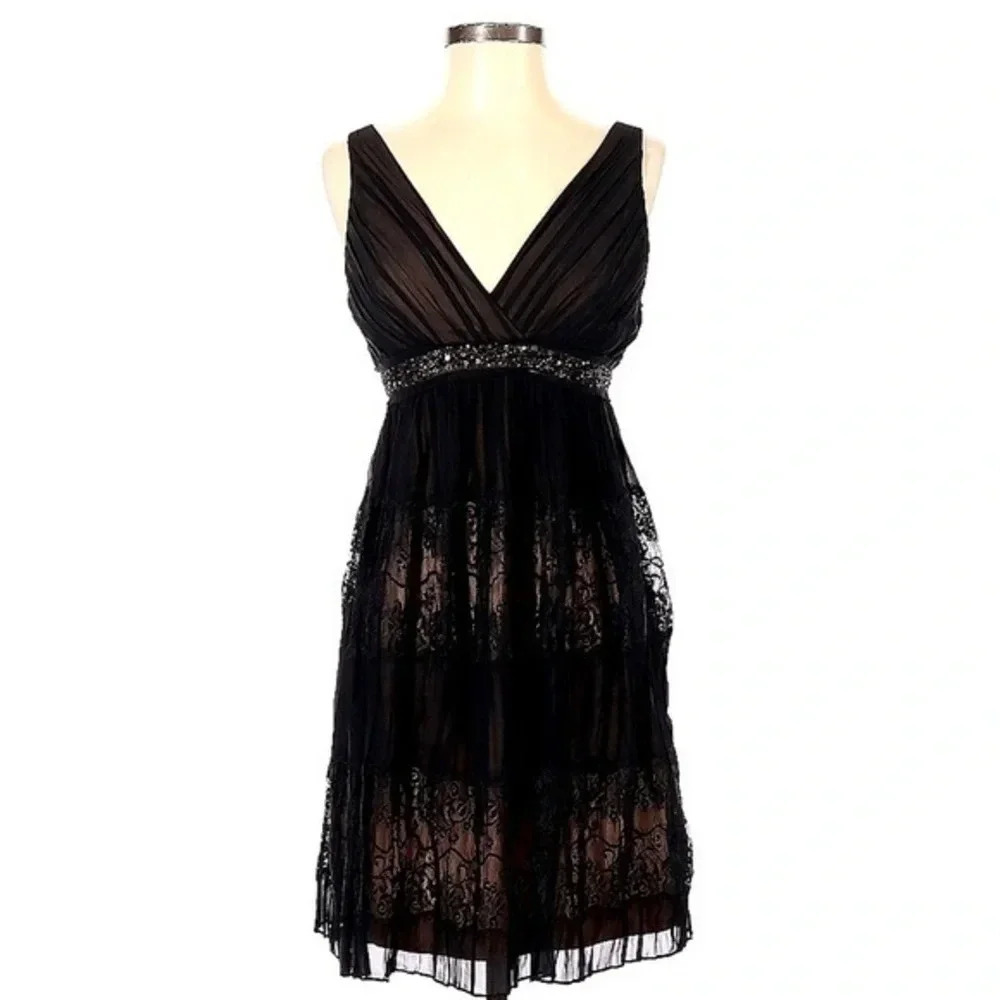 BCBGMAXAZRIA Black Nude Mesh Lace Sequin Silk Cocktail Party Dress Size 2 XS